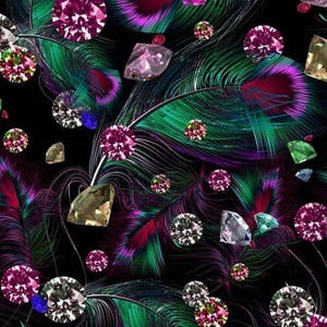 1 Meter Pfauenfedern und Diamanten Italienischer Samt, Velvetstoff, Pfauen Velour Stoff, Pfauensamt, Pfauenvelvet, Digitaldruck-Samtstoff