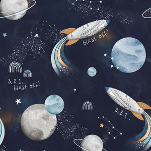 Tessuto di cotone premium Space Blast Off, tessuto per bambini, arcobaleno, razzo, pianeti, astronave, galassia, costellazione immagine 6