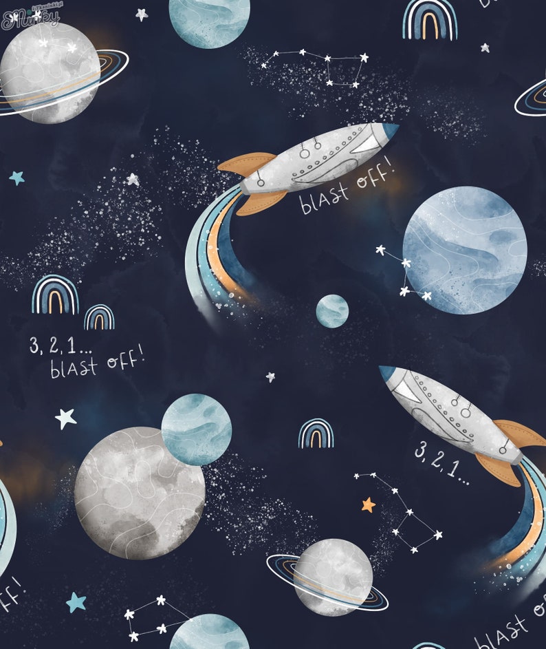 Tessuto di cotone premium Space Blast Off, tessuto per bambini, arcobaleno, razzo, pianeti, astronave, galassia, costellazione immagine 6