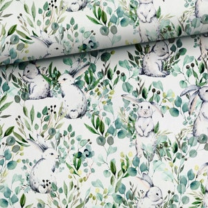 Spring Bunnies in Leafs Bamboo Muslin, Bamboo Viscose, Swaddle Muslin Fabric, Nursery Decor Bedding, Digital Print, Rabbit Hare Bunny Leaves