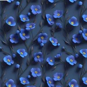 May include: A seamless pattern of blue flowers on a dark blue background. The flowers are arranged in a random pattern and are all facing the same direction. The flowers are all the same size and shape.