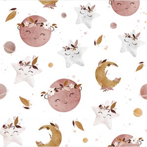 Tessuto di cotone premium spazio Boho, tessuto per bambini per ragazze, tessuto boho, sole luna stellare, stampa digitale, tagliato al metro