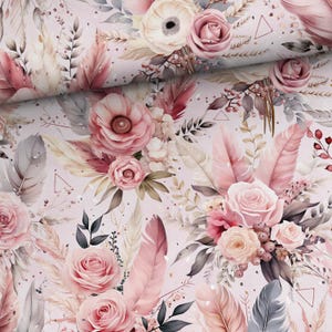Jersey sencillo con flores bohemias en rosa pastel, jersey de algodón, jardín de flores, jardín romántico, jersey floral, estampado digital