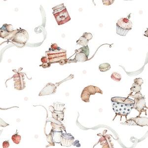 Mice in the pastry shop Cotton Fabric, Premium Cotton Fabric, Mouse Fabric, Fabric for Kids, Mice Digital Print Fabric, for the half yard