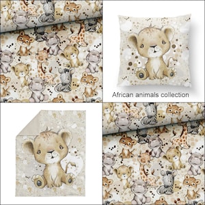Collection African animals, Panels for sewing baby pillows, blankets, fabric panel for nursery bedding, lion panel, digital print