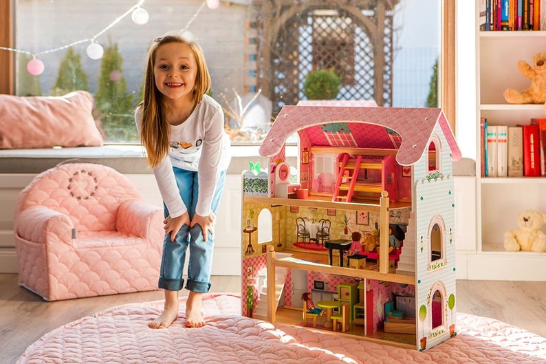Wooden dollhouse Dollhouse with 3 floors Wood dollhouse gift for girl Fairy-tale residence Storeyed childrens play house with furniture