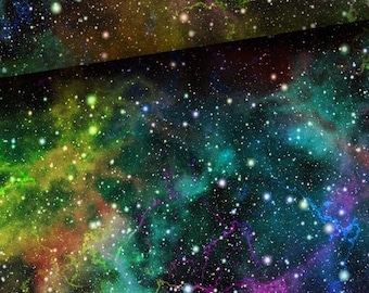 May include: A colourful nebula with swirling clouds of green, purple, and blue against a black background with scattered stars.