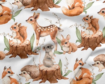 Woodland Fabric, Forest Animals Premium Cotton Fabric, Forest Friends roe, hare, squirrel, leaves leaf, autumn fabric 50x160cm/19,7x63"