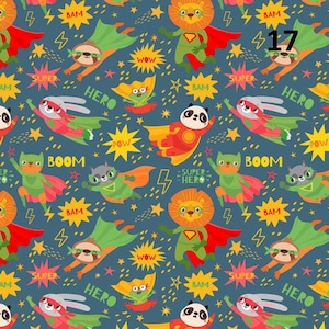 Könnte beinhalten: Ein sich wiederholendes Muster auf blauem Hintergrund mit Cartoon-Superhelden-Tieren, darunter ein Löwe, ein Panda, ein Faultier und ein Kaninchen, mit den Wörtern "SUPER", "HERO", "BAM", "POW" und "WOW". Die Zahl "17" ist ebenfalls vorhanden.