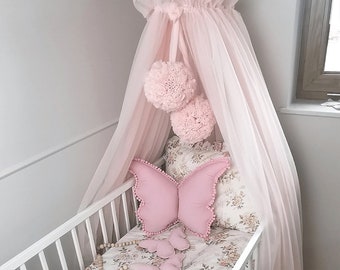Dreamy Baby Baldachin, 2 Pompoms Garland, Metal Handle, Baby Crib Canopy, Nursery Canopy, Bed Baldachin, Canopy for Kids Room, Tulle canopy