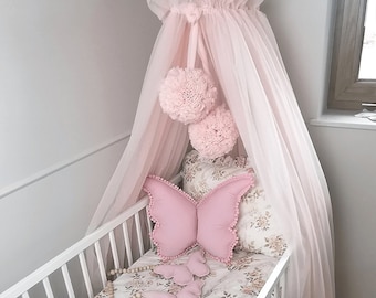 Babyhimmel, 2 stora pompoms, metallhandtag, babysänghimmel, barnrumshimmel, tyllhimmel