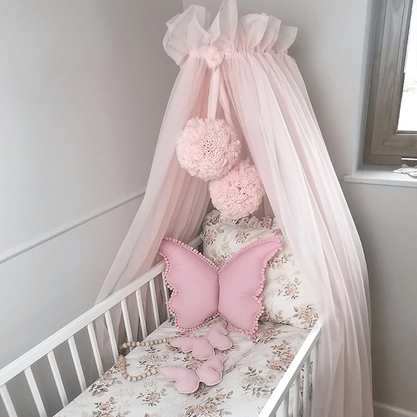 Ciel de lit bébé, 2 gros pompons, poignée en métal, ciel de lit bébé, ciel de lit chambre enfant, ciel de lit en tulle