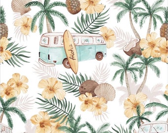 Aloha Hawaii - premium cotton fabric by the half yard, coconut palm flowers white background, baby fabric, summer fabric, Hawaiian pattern