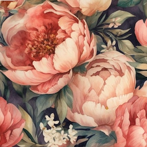 Könnte beinhalten: Aquarellmalerei von rosa und weißen Pfingstrosen mit grünen Blättern. Die Blüten sind in voller Blüte und haben ein sanftes, romantisches Flair.
