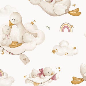 Può includere: Uno schema senza cuciture con oche bianche con fiocchi rosa, che volano su nuvole con stelle dorate. Lo schema include anche un arcobaleno e un cuore.