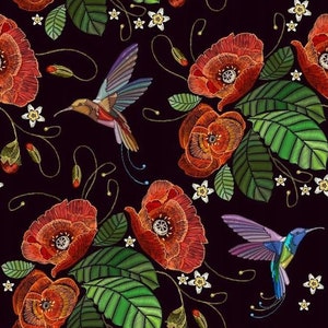 1 yd Italian Velvet Fabric Poppies and Hummingbirds, Upholstery Fabric, Upholstery Velvet, Digital Print of Poppies and Birds Pattern