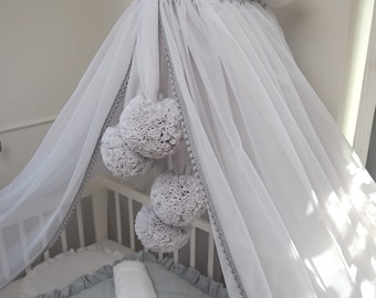 Dosel de tul para cuna, 4 pompones, asa de metal, dosel para niño, dosel de tul con 4 pompones para la habitación de un niño