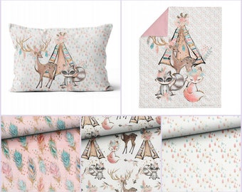 Boho Girl Collection, panneau en coton à coudre, panneau pour couette/couverture, panneau pour oreiller, panneau pour linge de lit, raton laveur renard tipi cerf