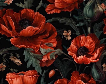 1 Meter Red poppies Italian Velvet Fabric, Upholstery Velvet, Digital Print, Velvet curtain, velvet pillow, Home Decor Fabric