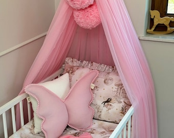 Dosel de tul para niña, pompones, estructura metálica, dosel para cama infantil, dosel para habitación infantil de tul.