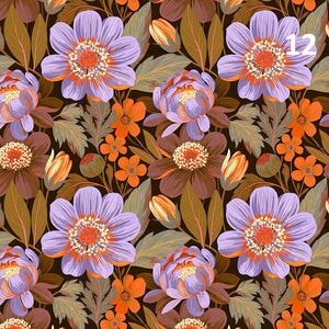 Peut inclure: Un motif floral répétitif composé de grandes fleurs violet clair aux centres orange, de petites fleurs orange et de feuilles brunes sur un fond marron foncé. Le chiffre 12 est imprimé en blanc dans le coin supérieur droit du motif.
