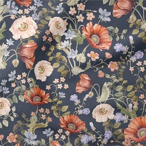 Mohnblumen Premium Baumwolle Stoff, Wiese Blumen Baumwollstoff, Marineblauer Hintergrund, Blumenwiese Stoff, romantischer Stoff