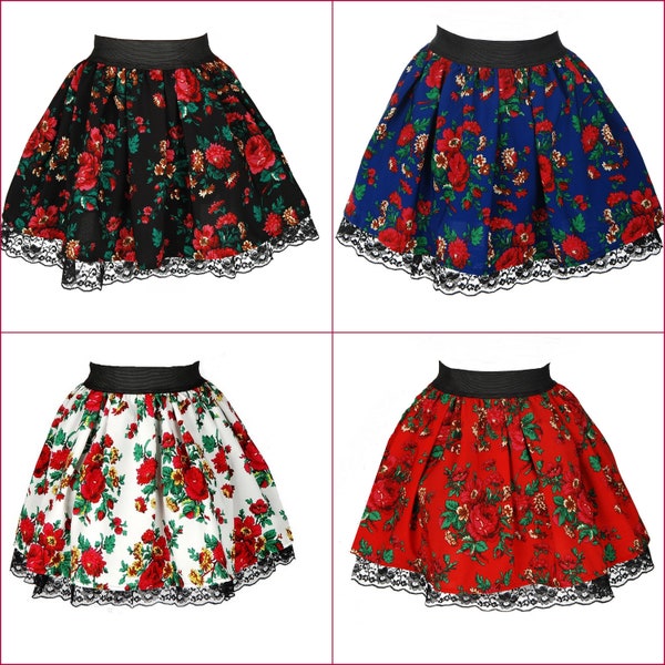 Tradycyjna spódnica folk, Polska ludowa góralska spódnica mini, etniczna plisowana spódnica w kwiaty, spódnica cygańska, słowiański styl
