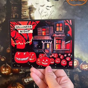 Postcard: Halloween night, Halloween postcard, Halloween art, jackolanterns, spooky art, Halloween art, halloween mini print,