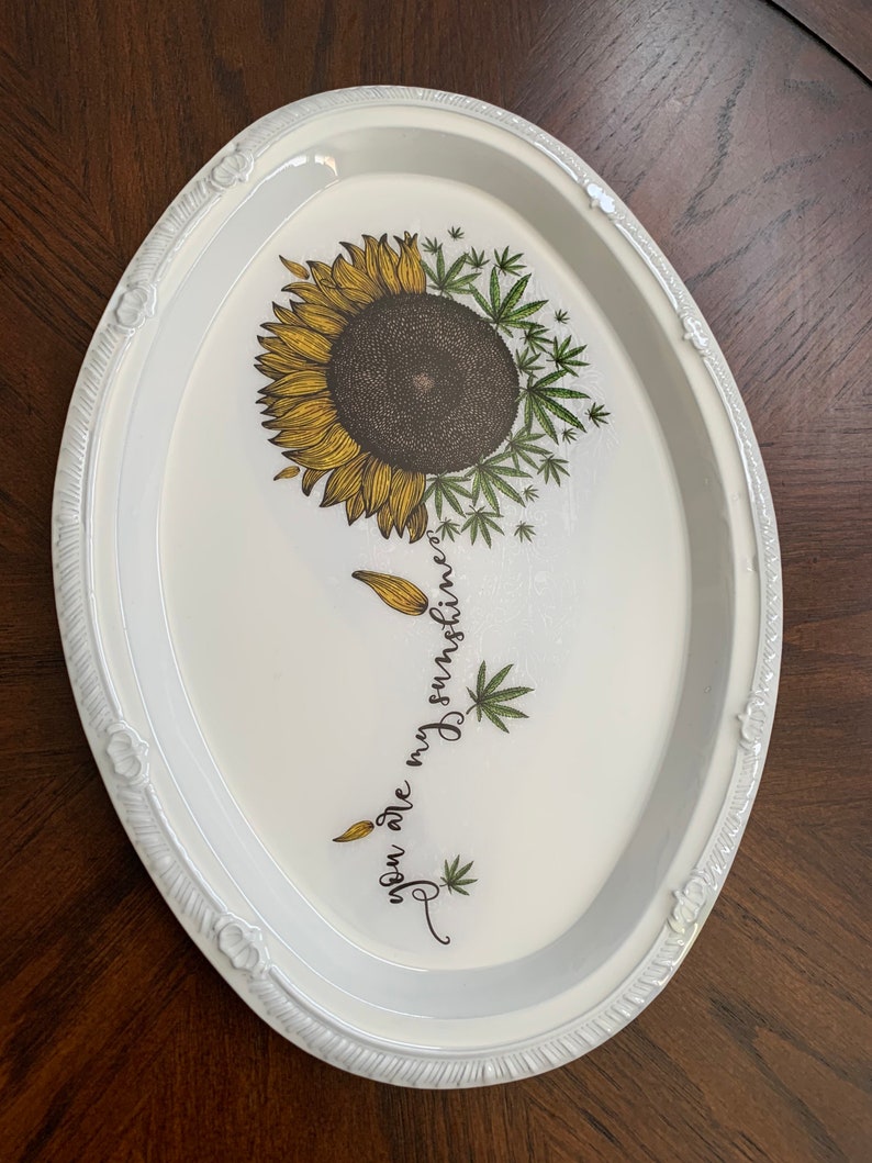 Metal Rolling Tray 420 Art Cannabis Flower Sunflower Petals \u201cYou are my Sunshine\u201d 4:20