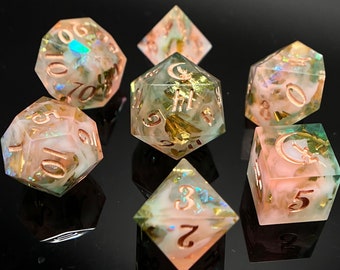 Briar Rose Dice Set | Pink and Green Dice | Cloud Dice | Gold Dice | Handmade Dice | Dice Set | Resin Dice | Dnd Dice | Dungeons & Dragons