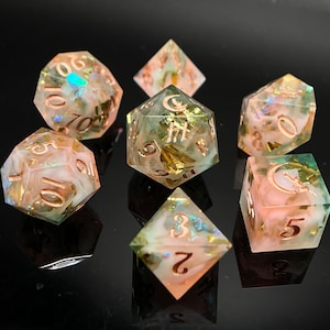 Briar Rose Dice Set | Pink and Green Dice | Cloud Dice | Gold Dice | Handmade Dice | Dice Set | Resin Dice | Dnd Dice | Dungeons & Dragons