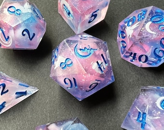 Sailor Moon Inspired Dice Set | Handmade Dice | DnD | TTRPG Dice | Sharp Edge Dice Set | Celestial Dice | Fairy Dice | Pink and Blue Dice