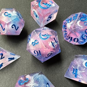 Sailor Moon Inspired Dice Set | Handmade Dice | DnD | TTRPG Dice | Sharp Edge Dice Set | Celestial Dice | Fairy Dice | Pink and Blue Dice