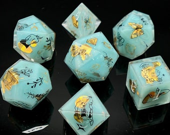 Moon Water Dice Set | Handmade Dice | DnD | Galaxy Dice Set | DnD Gifts | Art Deco Stars & Moon | Turquoise DiceDice Set | Gold Dice