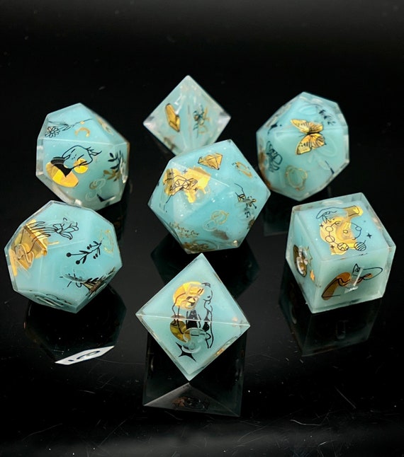 Moon Water Dice Set | Handmade Dice | DnD | Galaxy Dice Set | DnD Gifts | Art Deco Stars & Moon | Turquoise DiceDice Set | Gold Dice