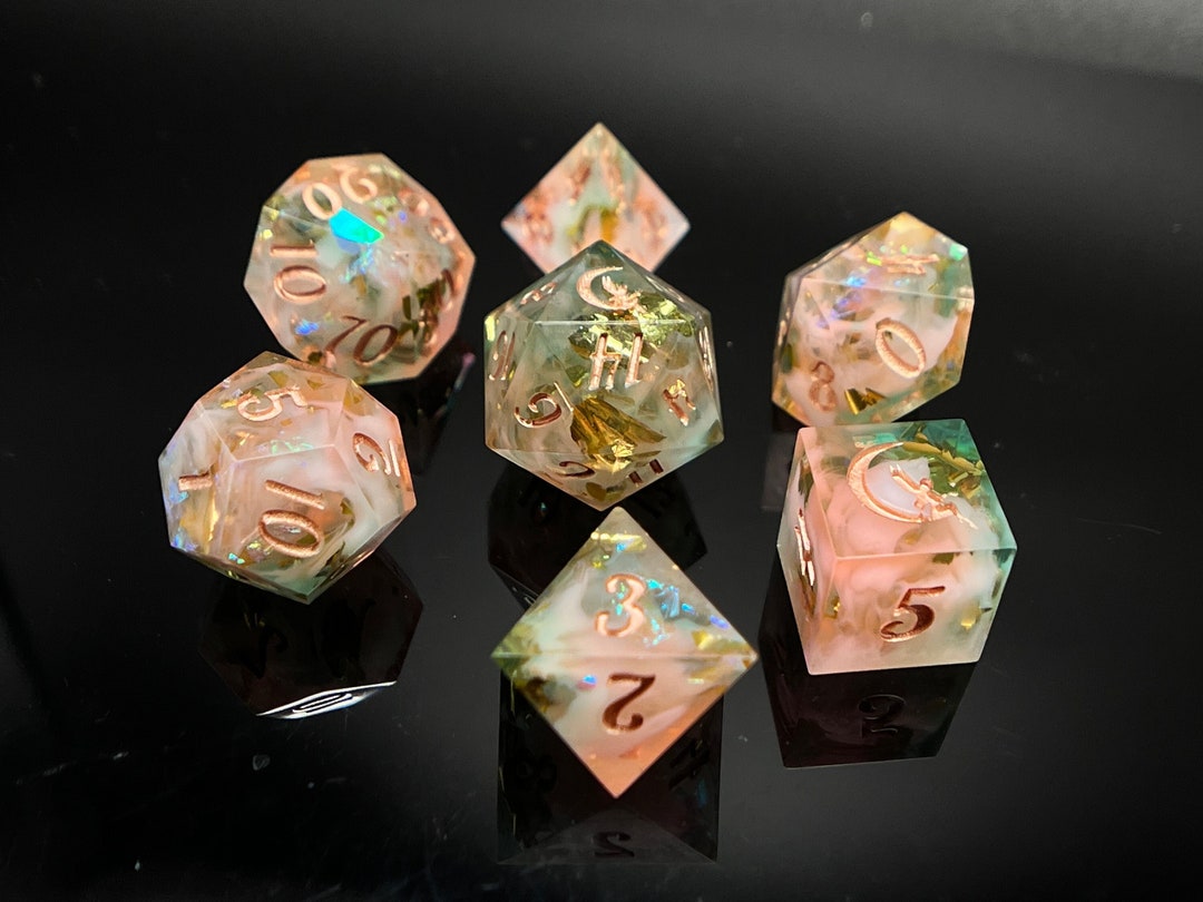 Briar Rose Dice Set Pink and Green Dice Cloud Dice Gold Dice Handmade