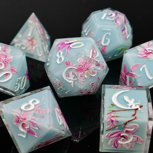 Sakura Blossom Dice Set | Teacup Dice | Floral Dice | Artisan Resin Dice Set | Handmade Dice | DnD Dice Set | D&D TTRPG Gifts