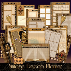 May include: A set of printable planner pages in a vintage art deco style. The pages are decorated with gold and black geometric patterns and feature a variety of sections for planning, including a project tracker, brain dump, weekly to do list, weekly meal plan, expense tracker, habit tracker, and a week at a glance calendar.