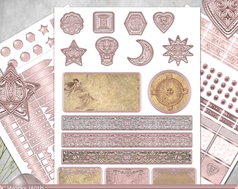 Pegatinas para agenda con purpurina en oro rosa, sol, luna y estrellas (descarga digital)