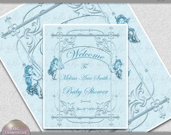 Póster vintage para baby shower, invitación de ángel azul (descarga digital)