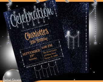 Invitación de cumpleaños editable con luna y estrellas, con destellos brillantes (descarga instantánea)