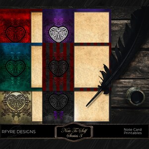 May include: Nine printable note cards featuring a vintage, gothic aesthetic. Each card has a different background colour and a black and white ornate heart design. The text "Note To Self Series 3" is at the bottom of the image.