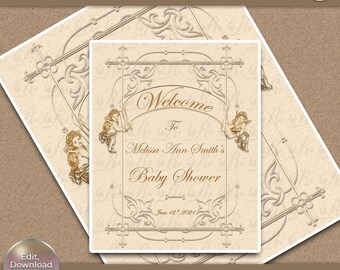 Póster vintage para baby shower, invitación con un ángel arcoíris (descarga digital)