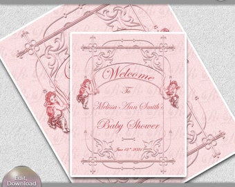 Póster vintage de ángel para baby shower, invitación floral rosa (descarga digital)