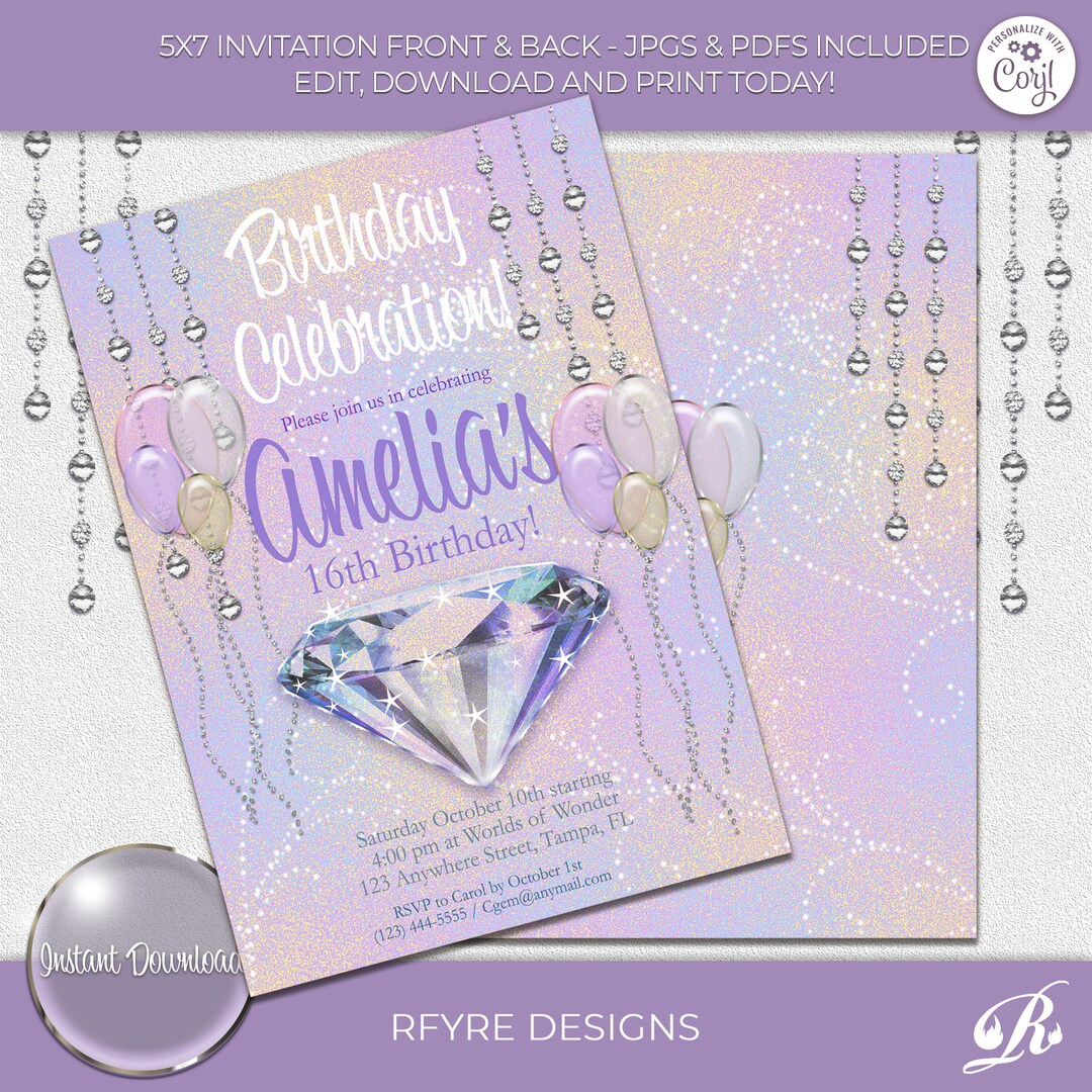 Diamond Glitter Sparkle Birthday Invitation, EDITABLE, Printable