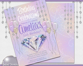 Invitación de cumpleaños con brillo de diamante, diseño brillante, para cualquier edad (descarga digital)