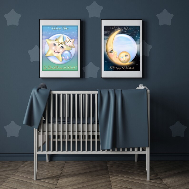 Moons and Stars Nursery Print, Set of 2 Digital Nursery Prints, Nursery ...