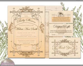 Plantilla de invitación vintage para baby shower, temática de ángel (edición DIY, descarga instantánea)