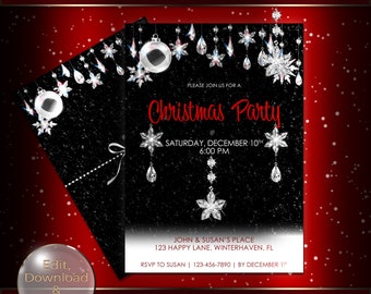 Invitación navideña con diamantes brillantes, plantilla imprimible (descarga digital)