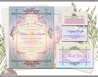 Plantilla de invitación para baby shower de ángel vintage (descarga digital)